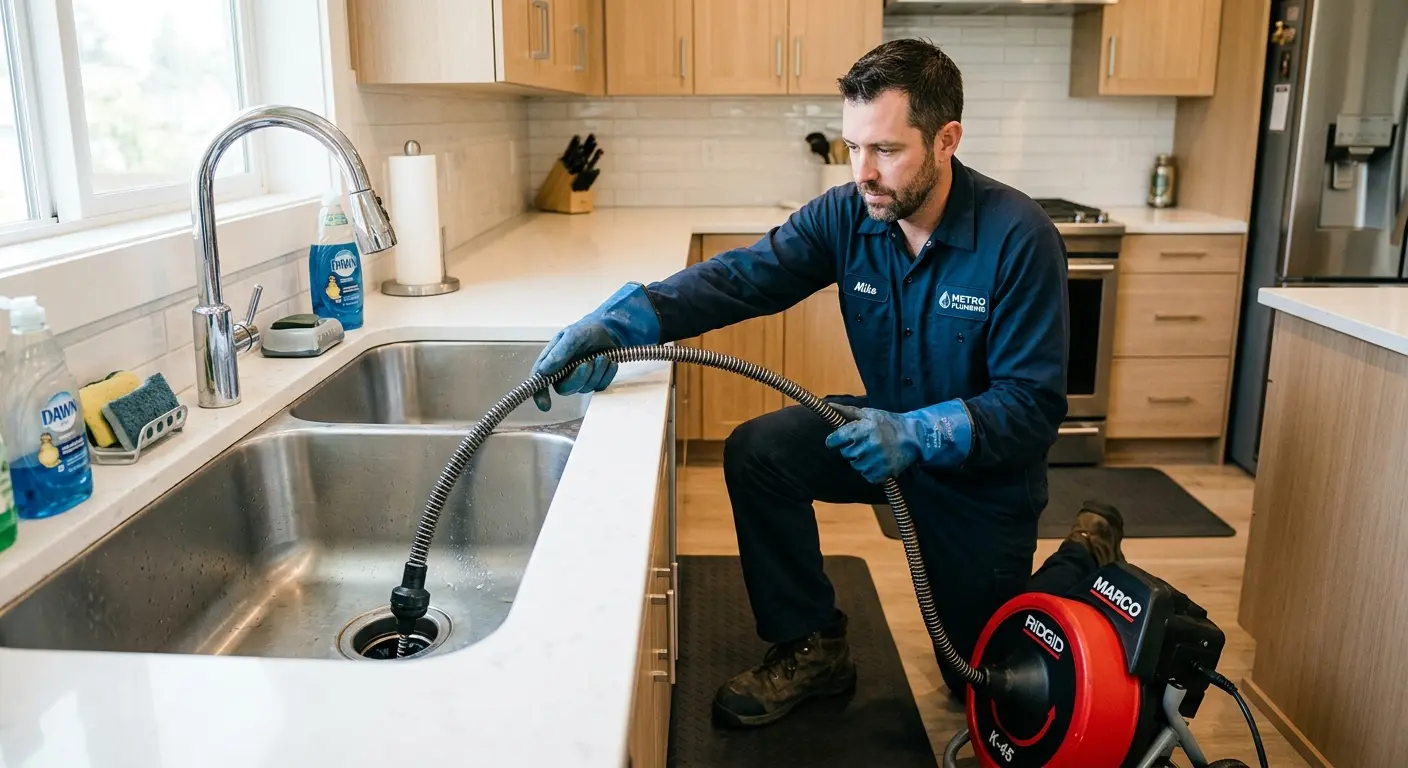 Drain cleaning technician using a motorized snake on a kitchen sink in McSwain