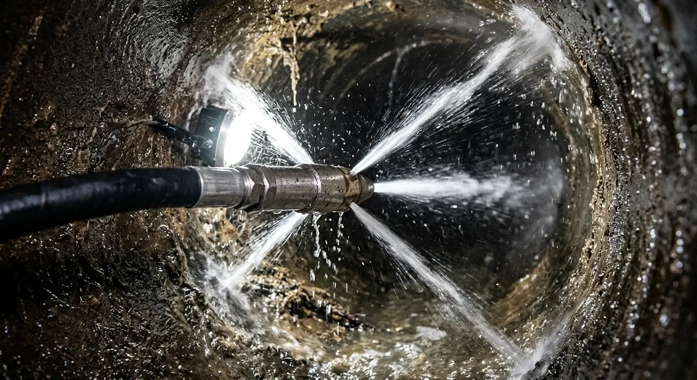 High-pressure hydro jetting nozzle cleaning sewer pipe for Sewer Line Relining in McSwain