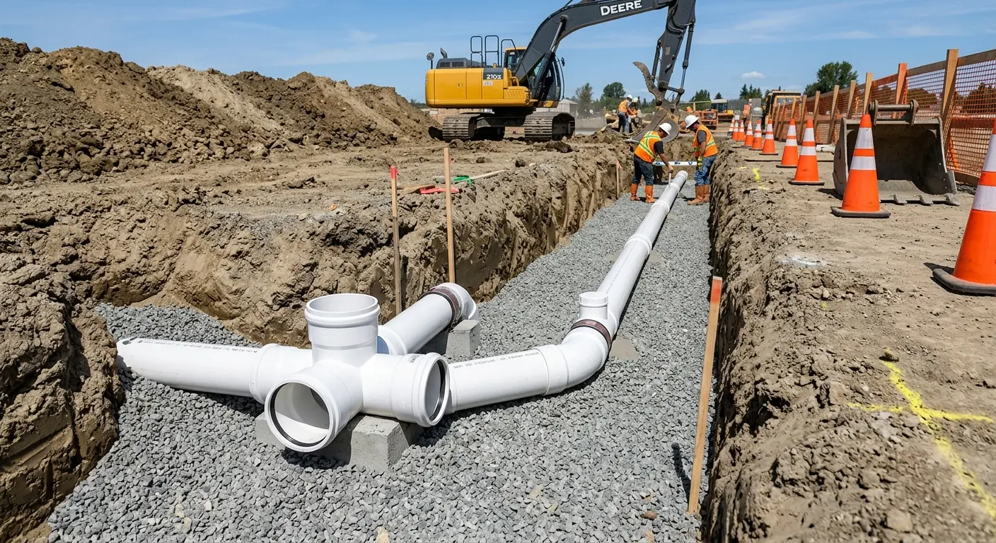 New PVC sewer pipe installation in open trench for Sewer Backup in McSwain