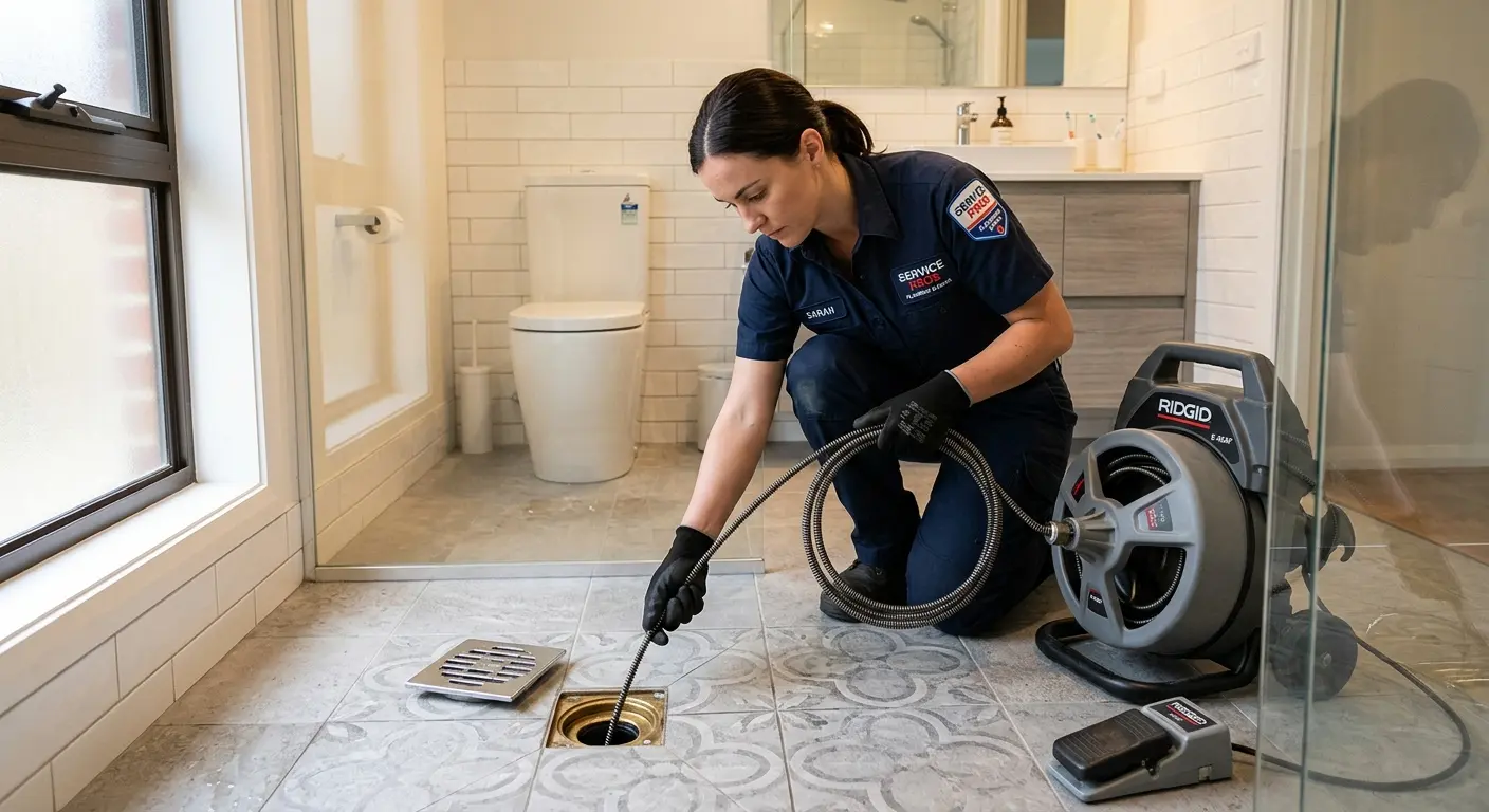 Technician clearing a bathroom floor drain for Sewer Line Replacement in McSwain